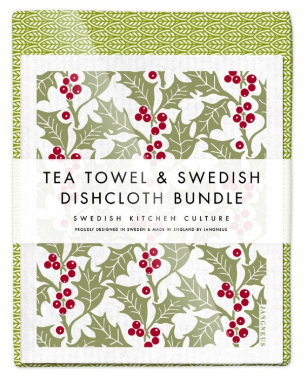 Holly Tea Towel and Dishcloth Bundle