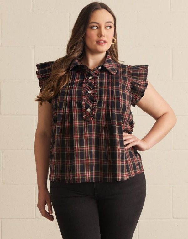 Festive Plaid Rhinestone Blouse- Extended Sizes