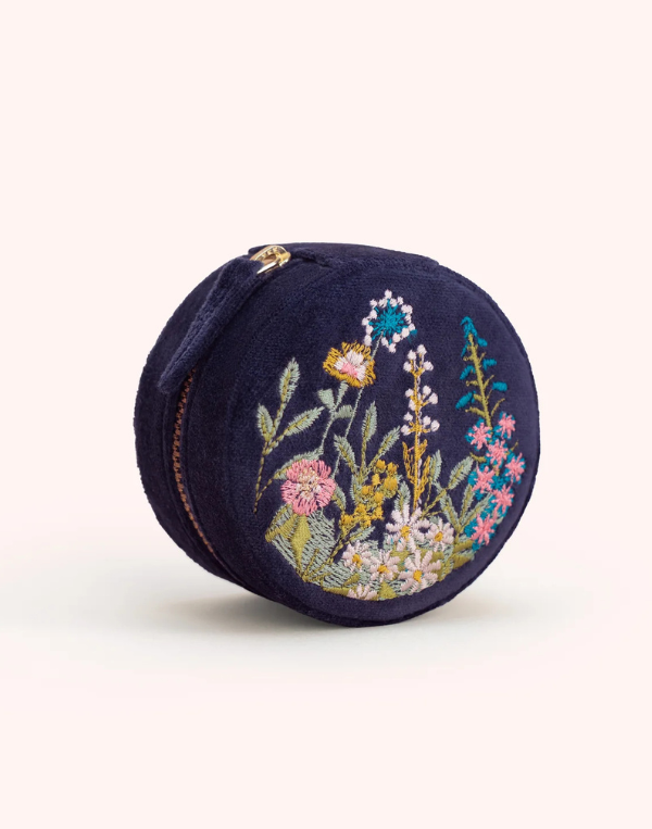 Navy Floral Round Jewellry Box