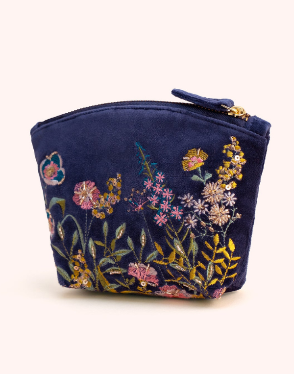 Navy Floral Hedgerow Velvet Mini Pouch