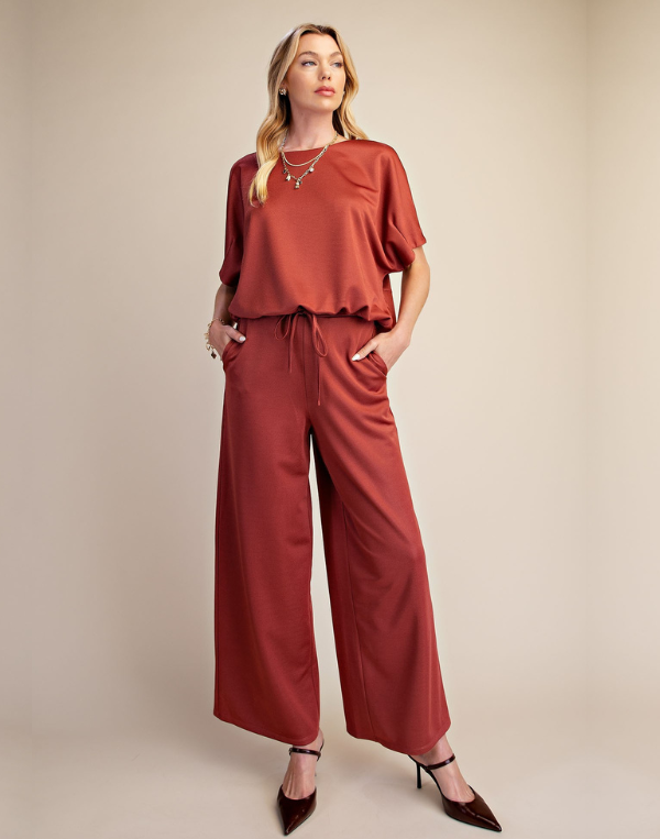 Drawstring Top Wide Leg Set- Rust