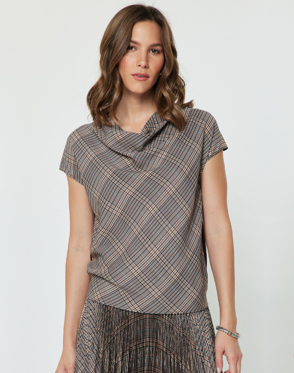 Cowl Neck Plaid Blouse