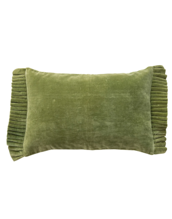Green Velvet Lumbar Pillow with Ruffle