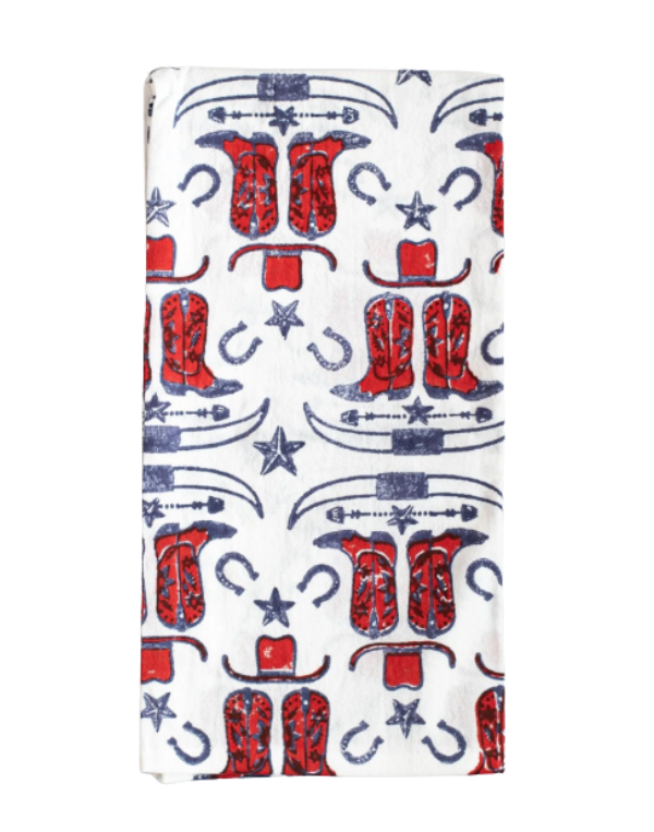 Tea Towel Cowgirl Boots-Poppy and Navy