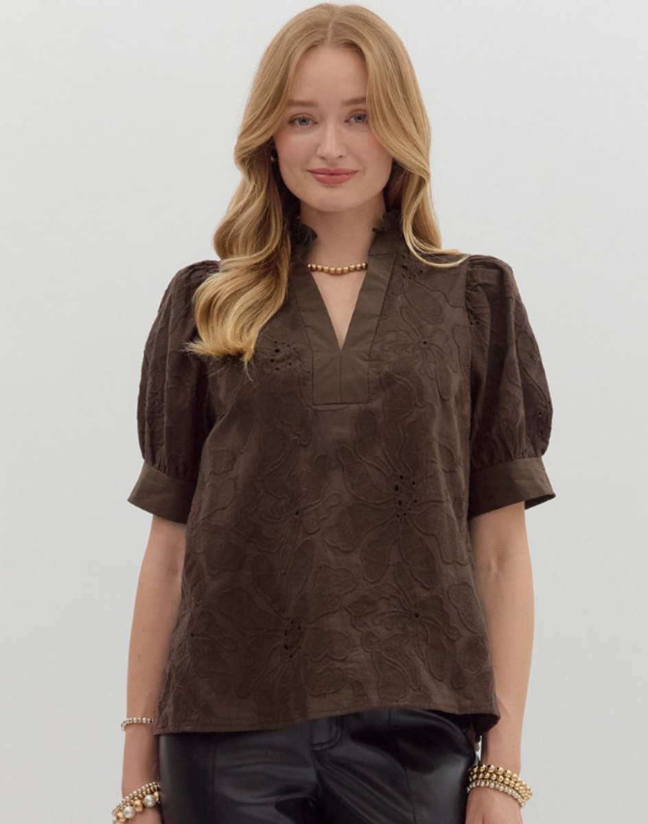 Floral Embroidered Brown Puff Sleeve Top Floral Embroidered Brown Puff Sleeve Top