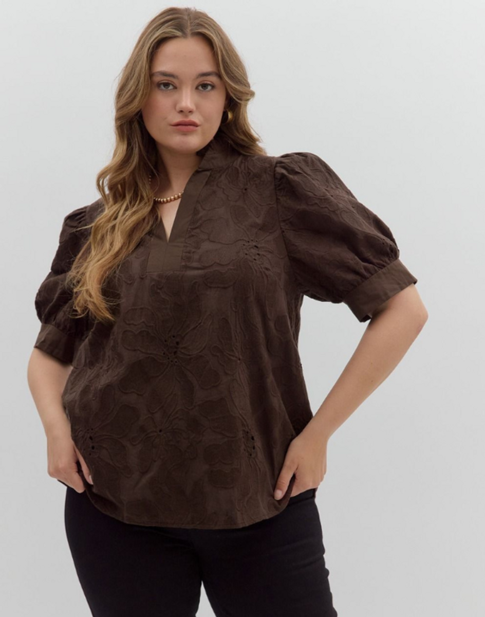 Floral Embroidered Brown Puff Sleeve Top - Extended Sizes Floral Embroidered Brown Puff Sleeve Top - Extended Sizes