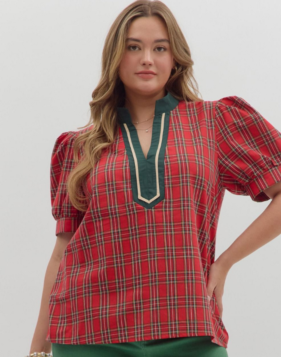 Red Plaid V-Neck Blouse - Extended Sizes