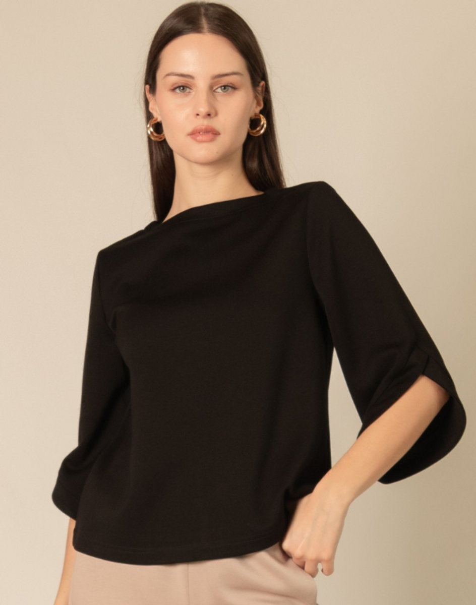 Butter Modal Flare 3/4 Sleeve Round Neck Top - Black Butter Modal Flare 3/4 Sleeve Round Neck Top - Black