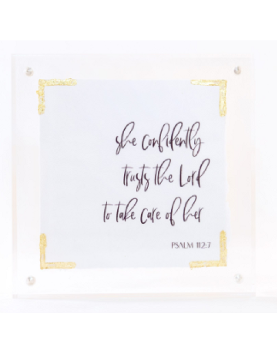 Eva Belle Psalm 112:7 4x4 Gold Leaf Corner Card in Acrylic Frame Eva Belle Psalm 112:7 4x4 Gold Leaf Corner Card in Acrylic Frame