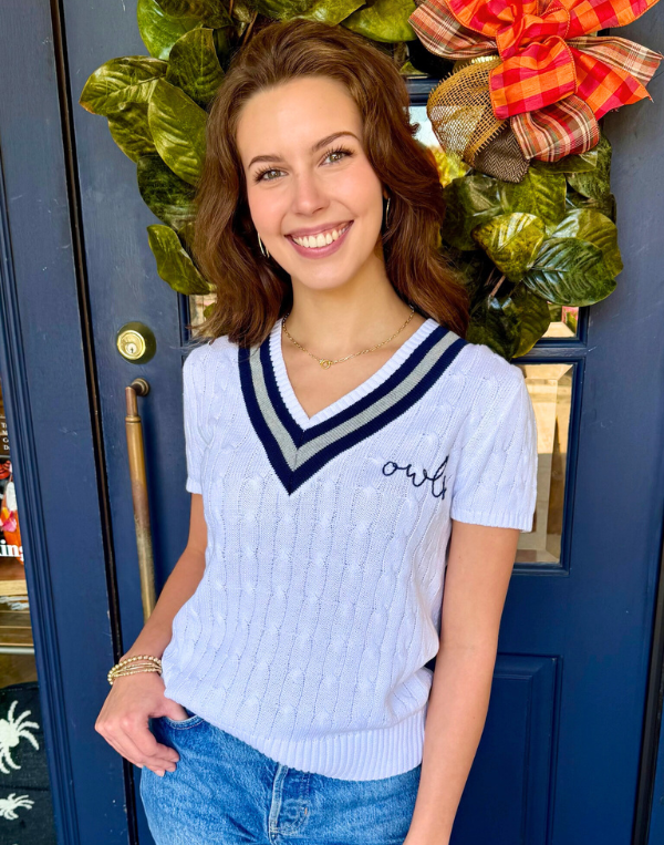 Owls White V-Neck Sweater