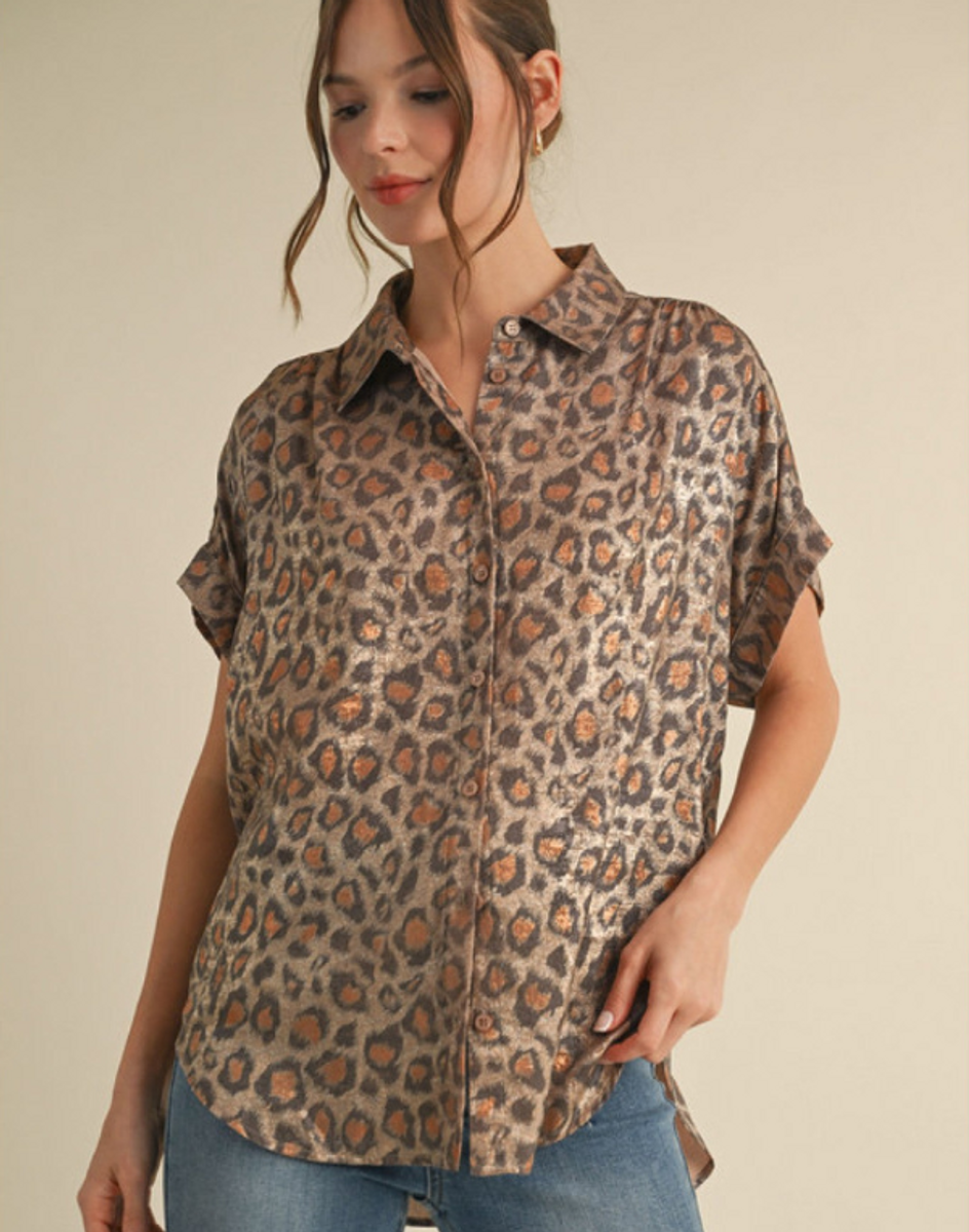 Jodifl Taupe Leopard Print Collared Top Jodifl Taupe Leopard Print Collared Top