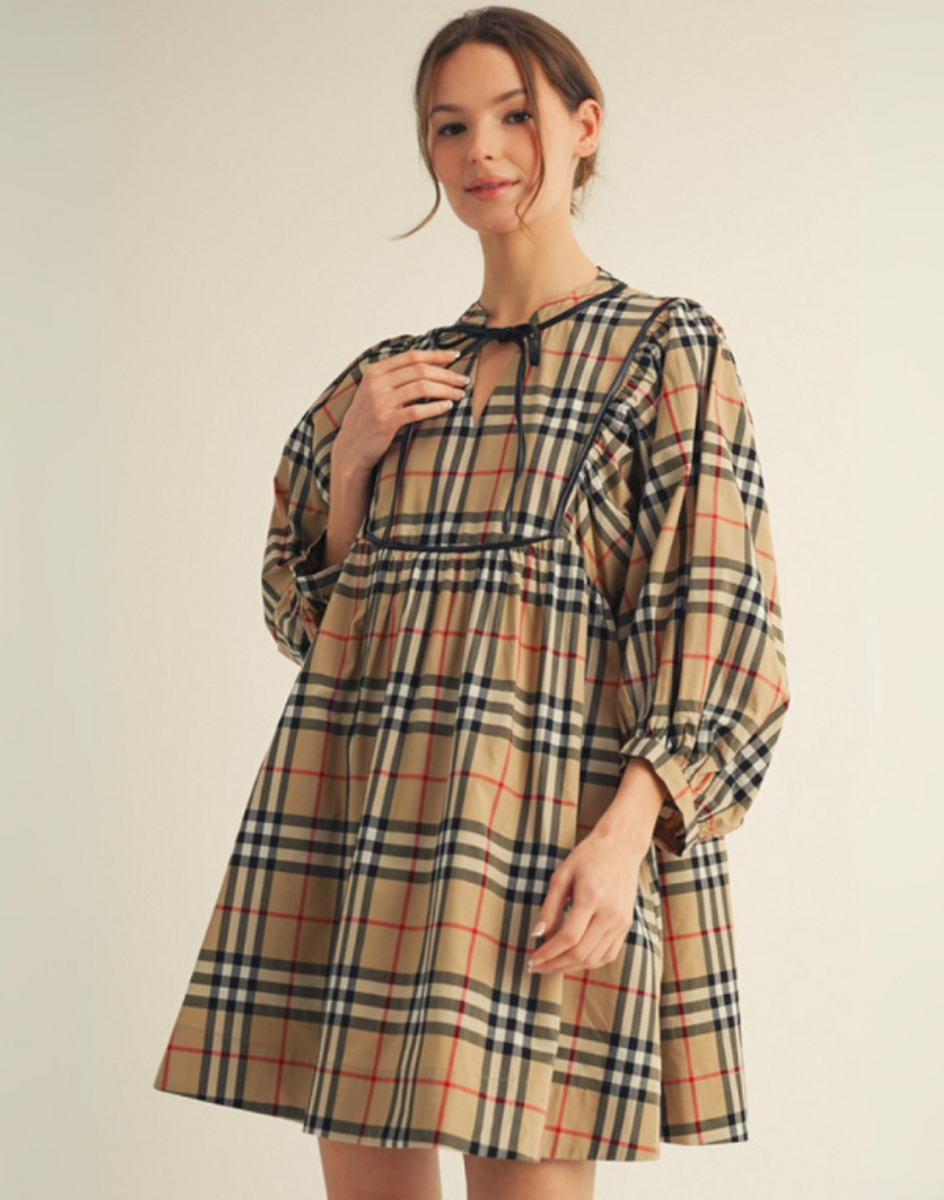 Taupe 3/4 Sleeve Checkered Babydoll Dress Taupe 3/4 Sleeve Checkered Babydoll Dress