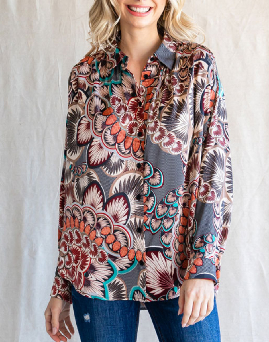 Taupe Mix Flower Geometric Print Blouse - Extended Sizes Taupe Mix Flower Geometric Print Blouse - Extended Sizes