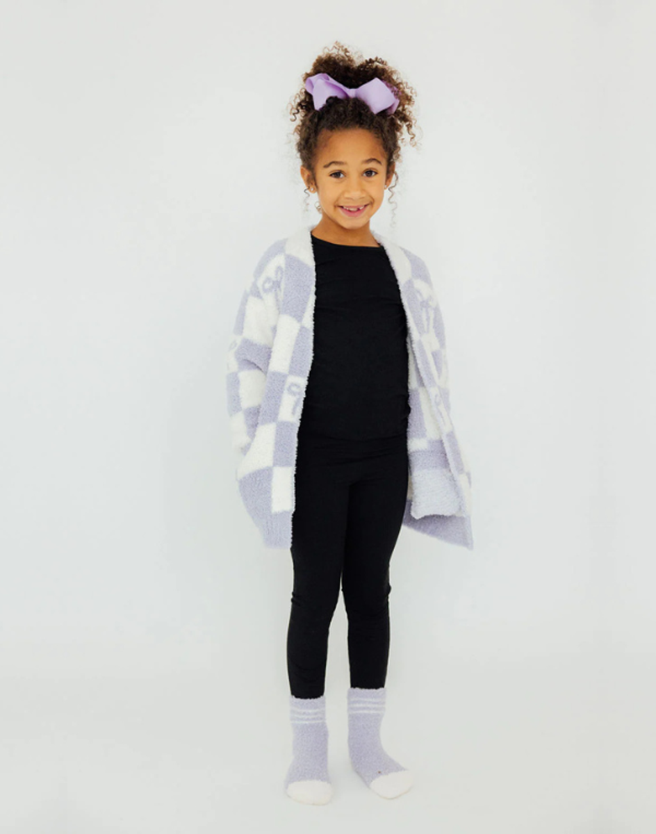Lavender Checker Bow Cozy Cardigan Lavender Checker Bow Cozy Cardigan