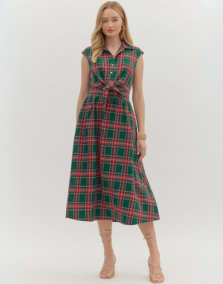Green and Red Tartan Plaid Sleeveless Midi Dress Green and Red Tartan Plaid Sleeveless Midi Dress