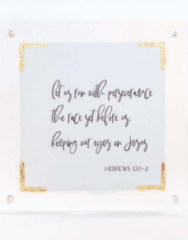 Hebrews 12:1-2 Gold Leaf Corner in 5x5 Acrylic Frame