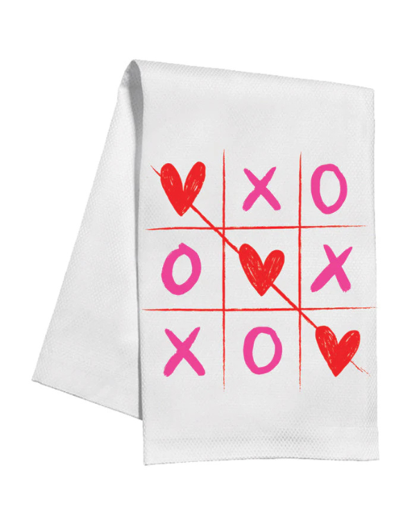 Hand Painted Hearts Tic-Tac-Toe Pink and Red Kitchen Towel