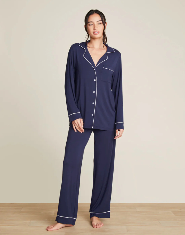Barefoot Dreams Luxe Milk Jersey Piped Pajama Set - Indigo