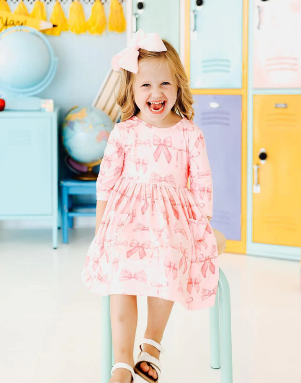 Blushing Bows 3/4 Sleeve Pocket Twirl Dress