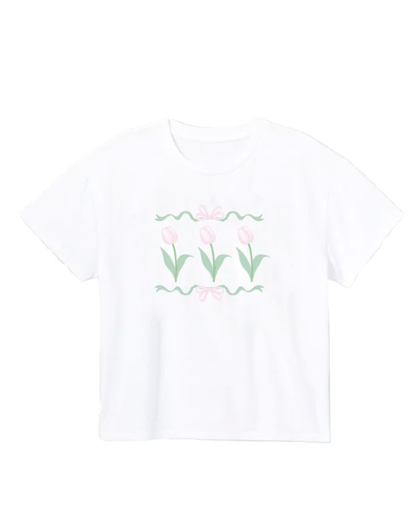 White Boxy T-shirt With Easter Tulips