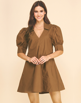 Lansing Puff Sleeve Dress- Brown