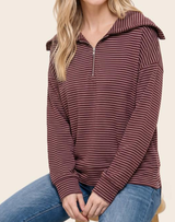 Wine Striped Half Zip Pullover