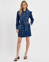 Puffed Sleeve Dark Denim Dress