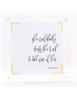 Eva Belle Psalm 112:7 4x4 Gold Leaf Corner Card in Acrylic Frame