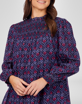 Block Print Smocked Dress - Navy