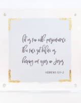 Hebrews 12:1-2 Gold Leaf Corner in 5x5 Acrylic Frame