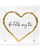 He Holds Every Tear Gold Heart Card in 3x3 Acrylic Frame