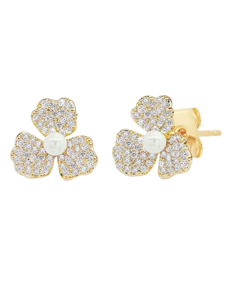 Triple Petal Pave and Pearl Stud Earrings