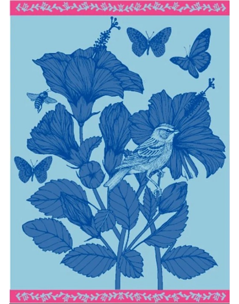 Blue Floral with Pink Border Tea Towel