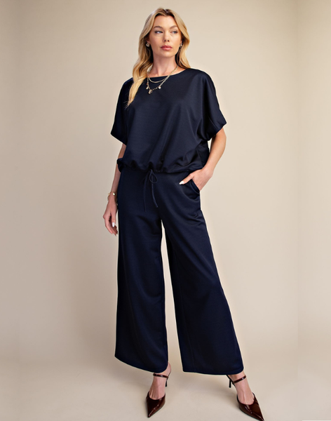 Drawstring Top Wide Leg Set- Navy