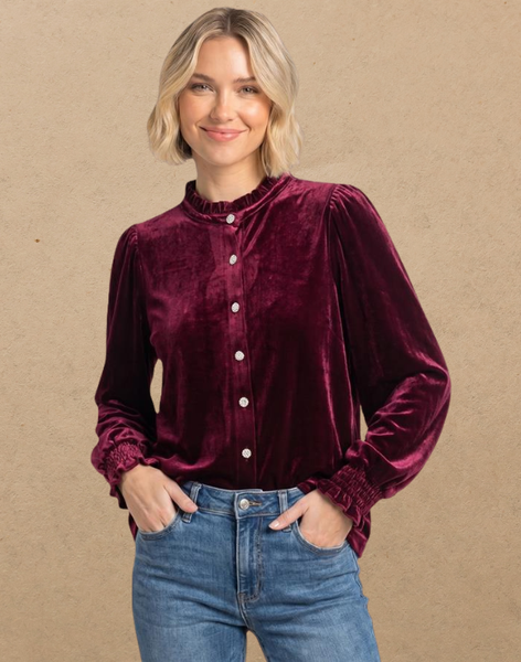 Ruby Ruffle Neck Shirt- Burgundy