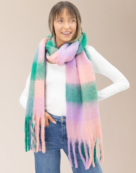 Brushed Woven Plaid Scarf- Purple/Green