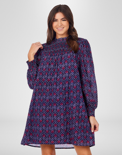 Block Print Smocked Dress - Navy