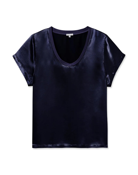 PJ Harlow Gianna Satin V-Neck Tee - Navy