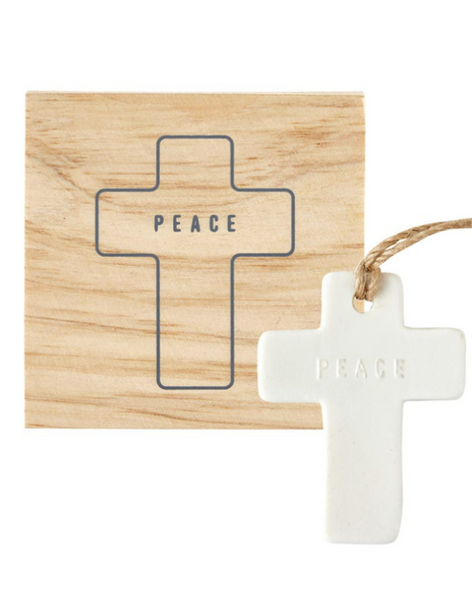 Ceramic Cross Ornament in Wooden Box--Peace