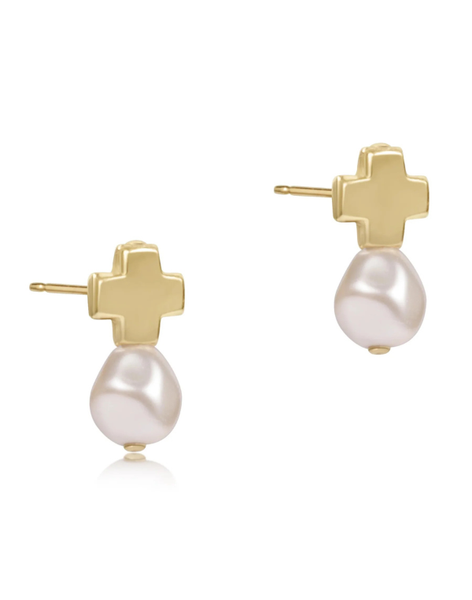 eNewton Signature Cross Gold Studs - Pearl