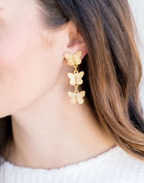 Susan Shaw Gold Post Earring With 3 Butterfly Drop