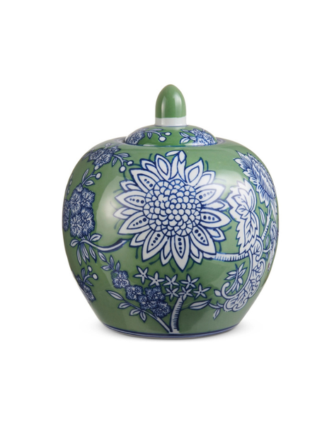 8.5" Green and Blue Floral Pattern Jar