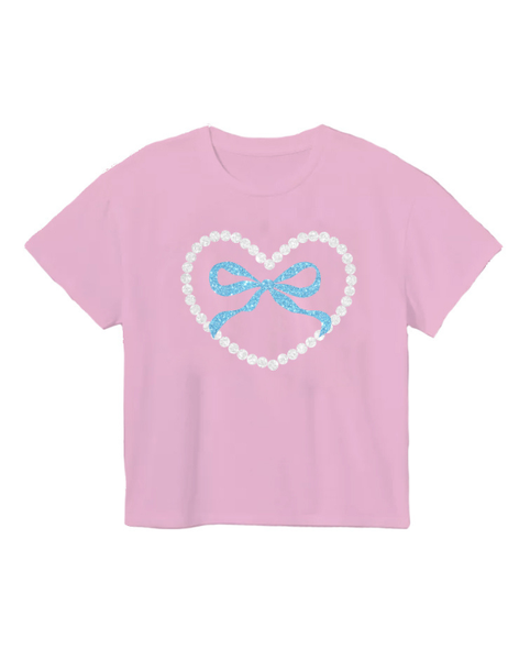 Heart With Blue Bow on Pink Boxy T-shirt