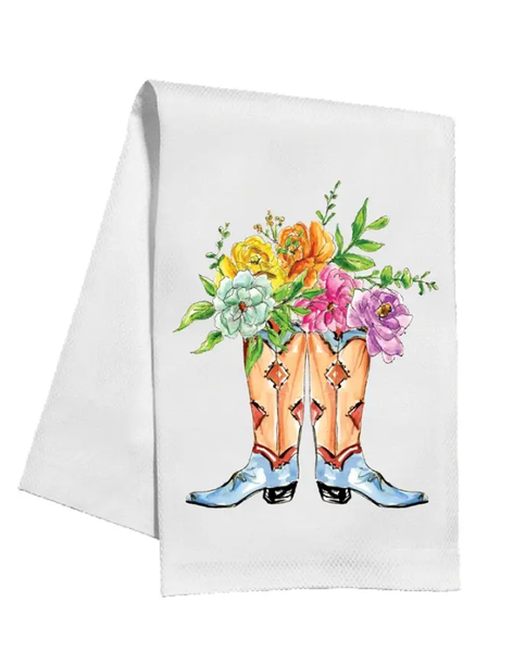 Blue and Orange Boots With Flower Kitchen Towel