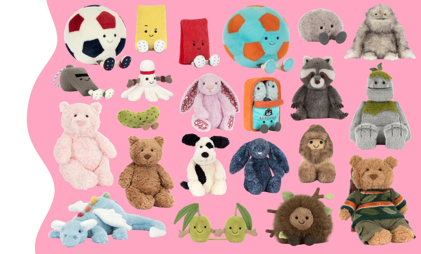 A colorful collection of Jellycat plush toys displayed on a pink background, including soccer balls, a bowling pin, a bunny, a black and white puppy, teddy bears, a raccoon, a blue bunny, a dragon, olive characters, a hedgehog, a sasquatch, sardines in a 