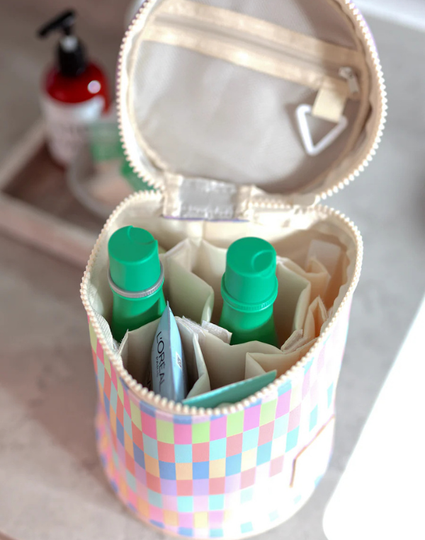 barrel makeup travel bag Toiletry All The Things Happy Checkered Our FAVORITE feature are the adjustable pocket dividers so you can organize multiple ways Large Flat Open Makeup Bag,Lay
