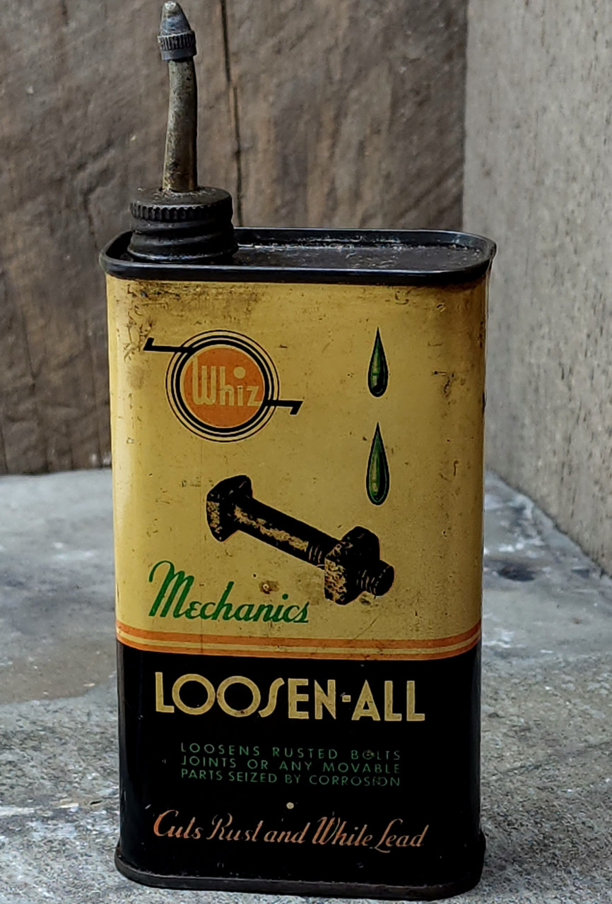 Antique Whiz Mechanics Loosen-All 8 oz Oil Can Lead Spout