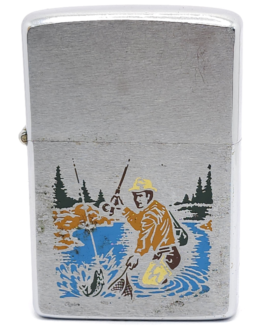 1976 Vintage Zippo Cigarette Lighter Enameled Fly Fishing Fisherman Scene