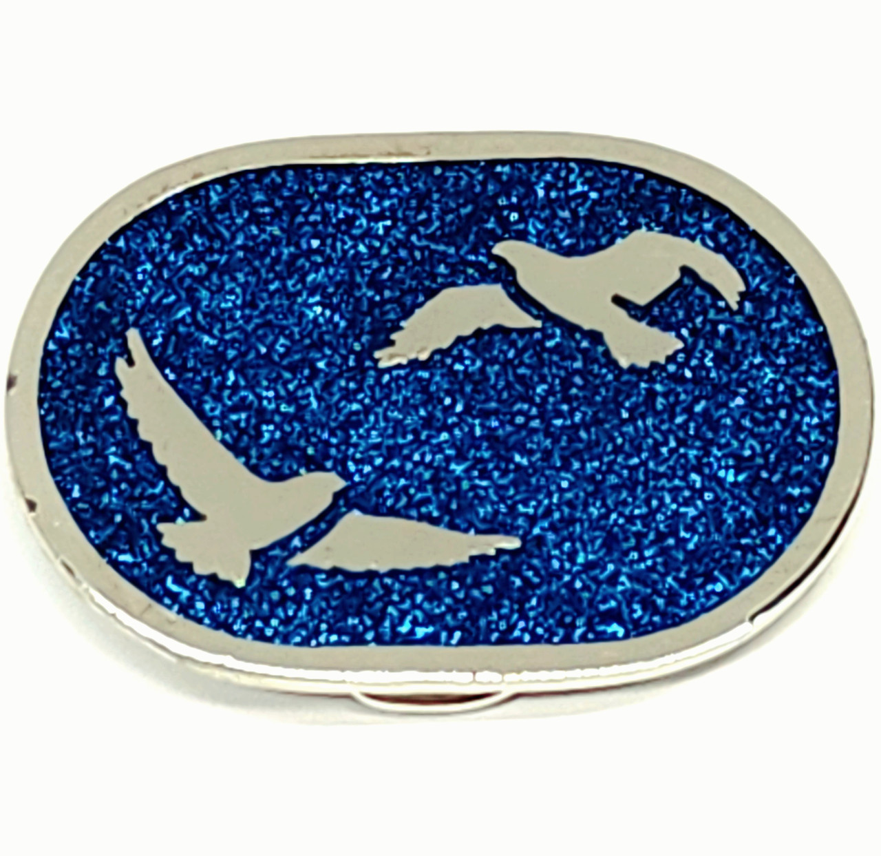 Vintage Oval Blue Sparkly Enameled Stylized Birds Belt Buckle