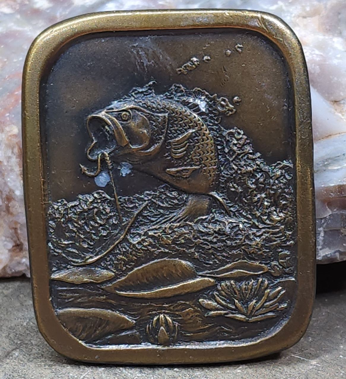 1976 Indiana Metal Craft Brass Tone Large Mouth Bass Fish Fishing Belt  Buckle - Before Times Shop